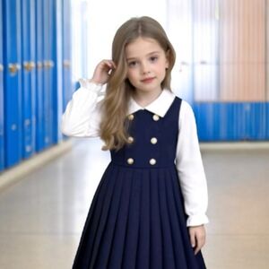 Navy Blue Kids Dress with Off White Long Sleeves Top.  2 PCS Set.